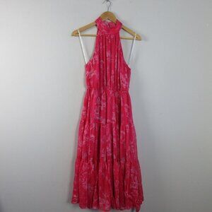 Lulus Halter Tiered Midi Dress S Hot Pink Floral Float to You Boho Cocktail 364